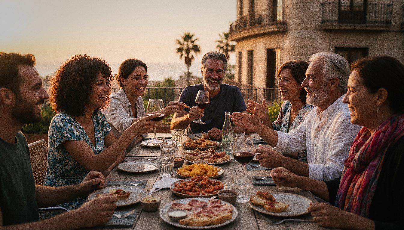 Grupo de amigos conociendo gente nueva en Barcelona